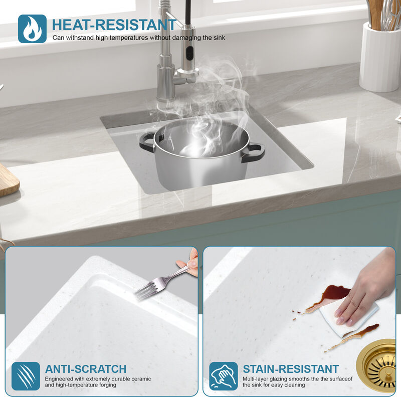17 in. Undermount Single Bowl Workstation White Quartz Composite Kitchen Sink Round Corner with Bottom Grid. image number 7