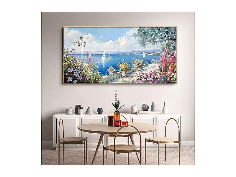 Large Coastal Wall Art Ocean Seascape Canvas Yellow Green Flowers Landscape Room image number 3