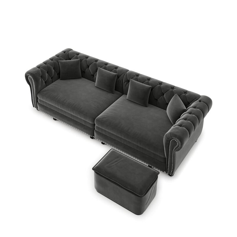 3-in-1 Pull-Out Sleeper Sofa, Velvet Chesterfield Sofa with Rolled Arms and Tufting, 89 Inch Convertible Sofa Bed with Ottoman image number 0