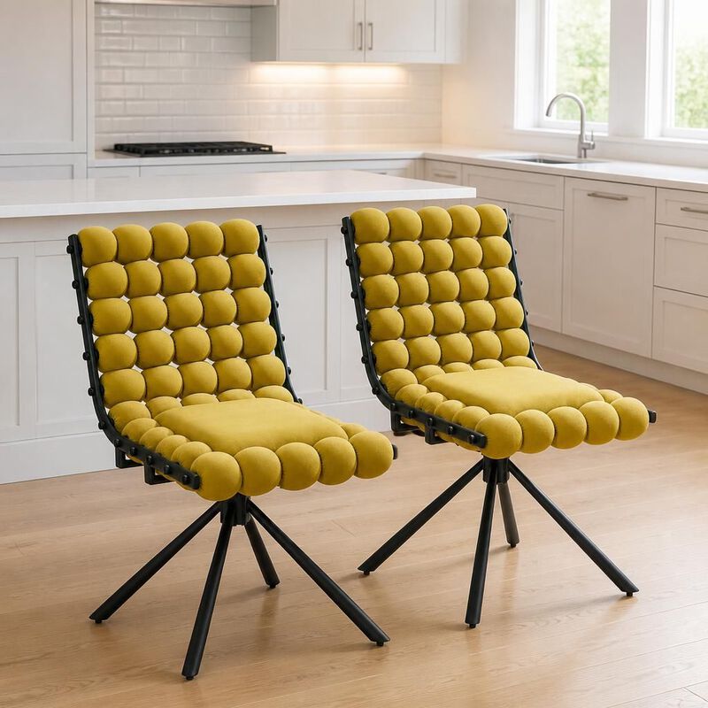 GOODSILO Set of Two Modern Tufted Puffy Bubble Velvet Dining Accent Swivel Chairs with Metal Legs for Dining Room and Kitchen image number 3
