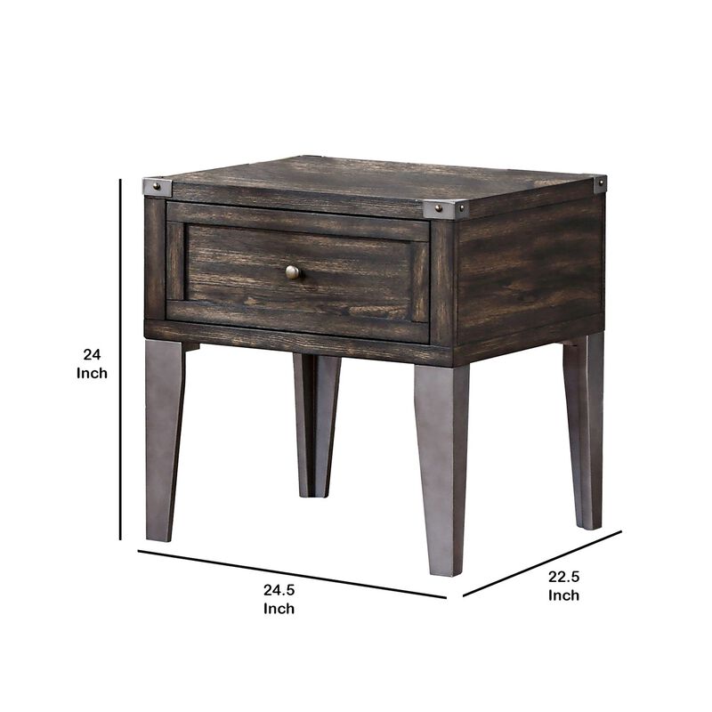1 Drawer Wooden End Table with Metal Angled Legs, Brown