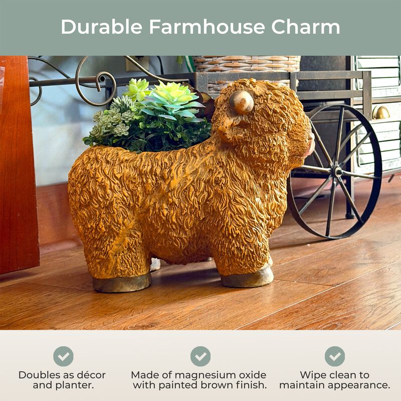 Zeckos Highland Cow Planter Brown Magnesium Oxide Farmhouse Decor 12in image number 6