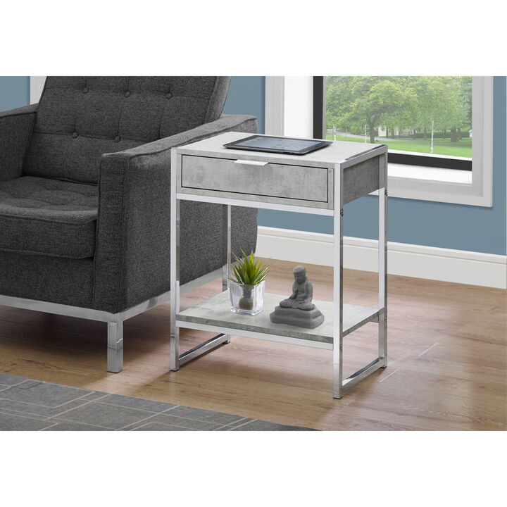Monarch Specialties I 3481 Accent Table, Side, End, Nightstand, Lamp, Storage Drawer, Living Room, Bedroom, Metal, Laminate, Grey, Chrome, Contemporary, Modern
