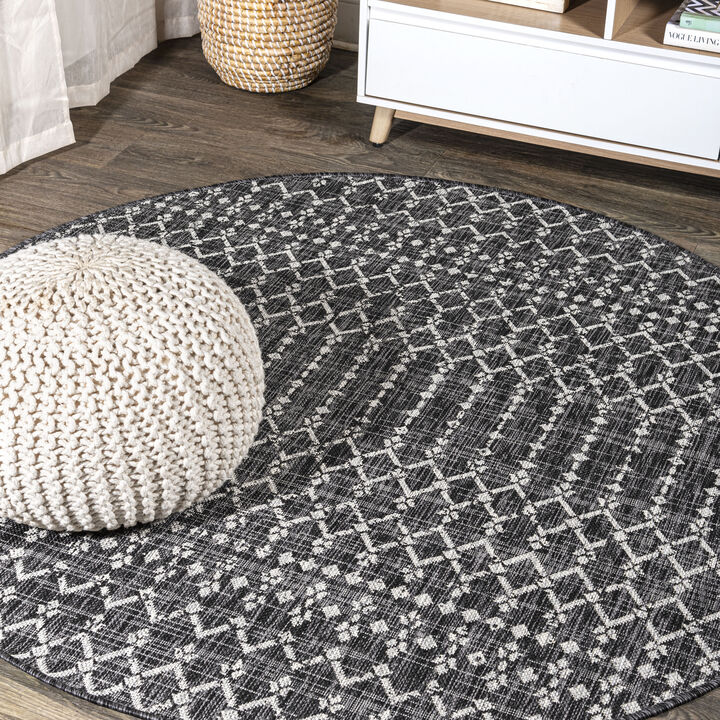 Ourika Moroccan Geometric Textured Weave Round Indoor/Outdoor Area Rug