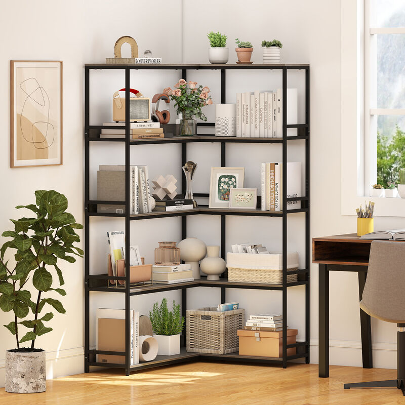 5-Tier L-Shaped Corner Bookshelf with Metal Frame, Space-Saving Etagere Design