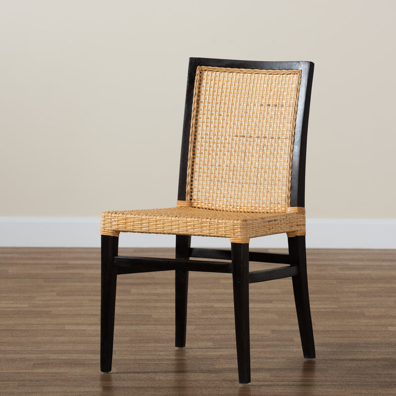 Bali & Pari Lingga Modern Bohemian Dark Brown Mahogany Wood and Natural Rattan Dining Chair