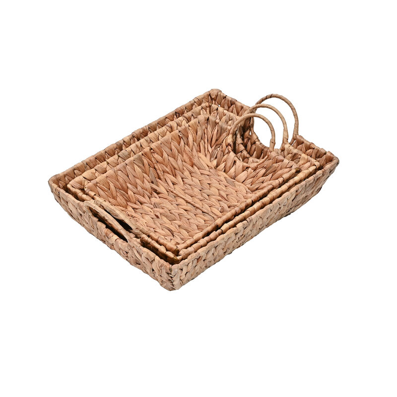 Rowan Bohemian Cottage Handwoven Hyacinth Rectangular Decorative Basket Trays with Handles