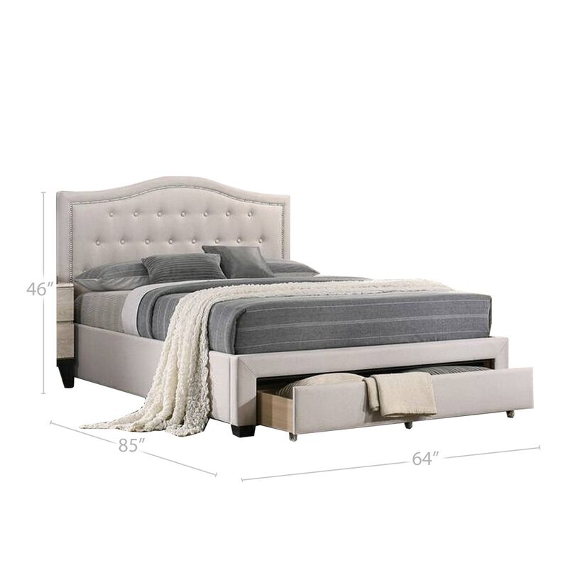 Buk Upholstered Tufted Queen Bed with Storage, Nailhead Trim, Ivory Burlap  - Benzara
