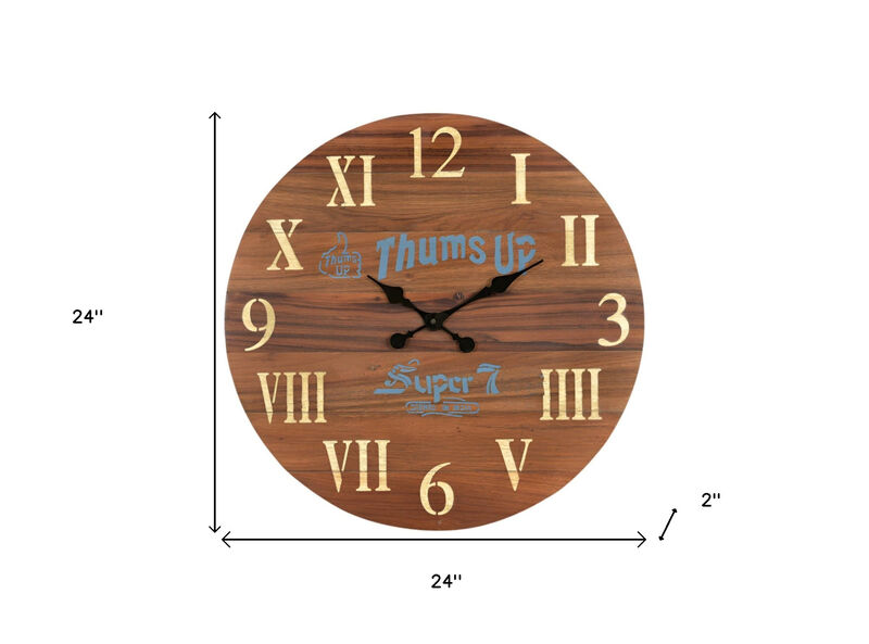 HomeRoots 24" Brown Solid Wood Silent Analog Round Wall Clock image number 4