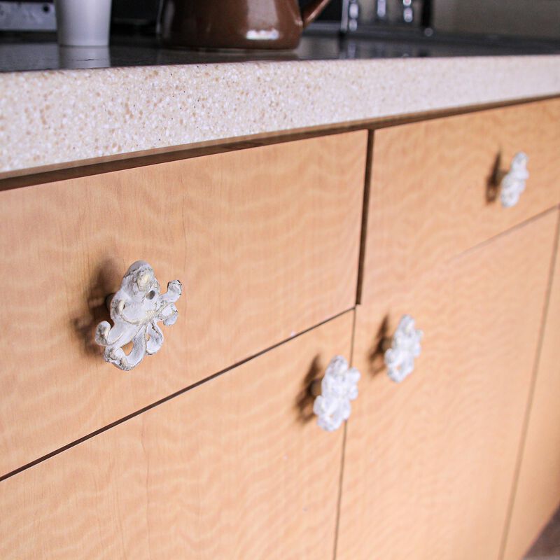 Set of 6 Rustic White Finish Cast Iron Octopus Drawer Pulls - Decorative Cabinet Knobs - Nautical Home Decor - Seaside Furniture Accents - 2 Inches Long image number 1