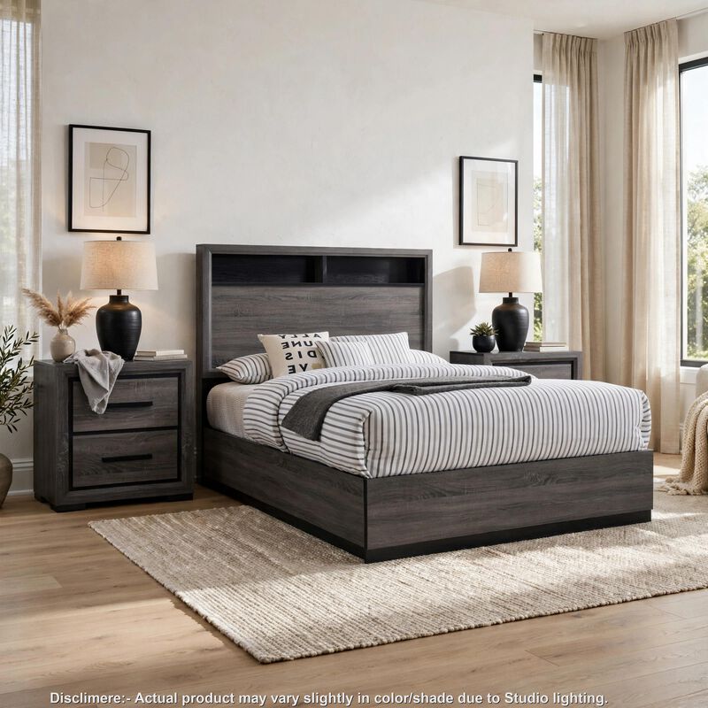 3pc King Bedroom Set, Gray, Black Wood, 2 Nightstands image number 1