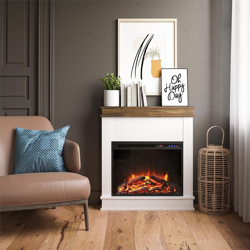 Mateo Electric Fireplace with Mantel and Touchscreen Display, Ivory Oak with Rustic Mantel