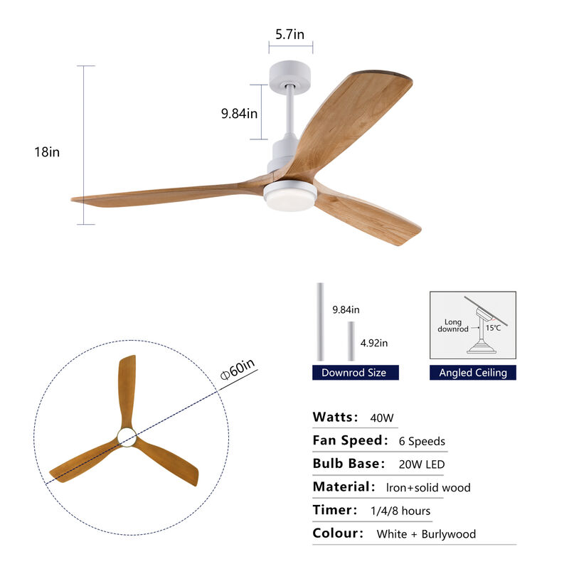 ELEMENT ACE 60 Inch Modern Ceiling Fan With Dimmable LED Light and Remote Control Featuring Solid Wood Blades image number 2