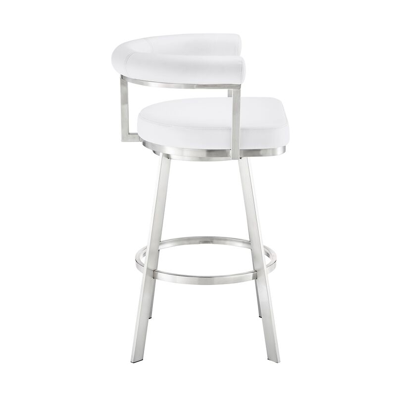 Weni 30 Inch Swivel Barstool Chair, Barrel Open Back, White, Steel Frame