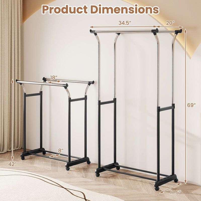 Double Rod Garment Rack with Wheels, Adjustable Height Rolling Clothes Organizer-Silver image number 2