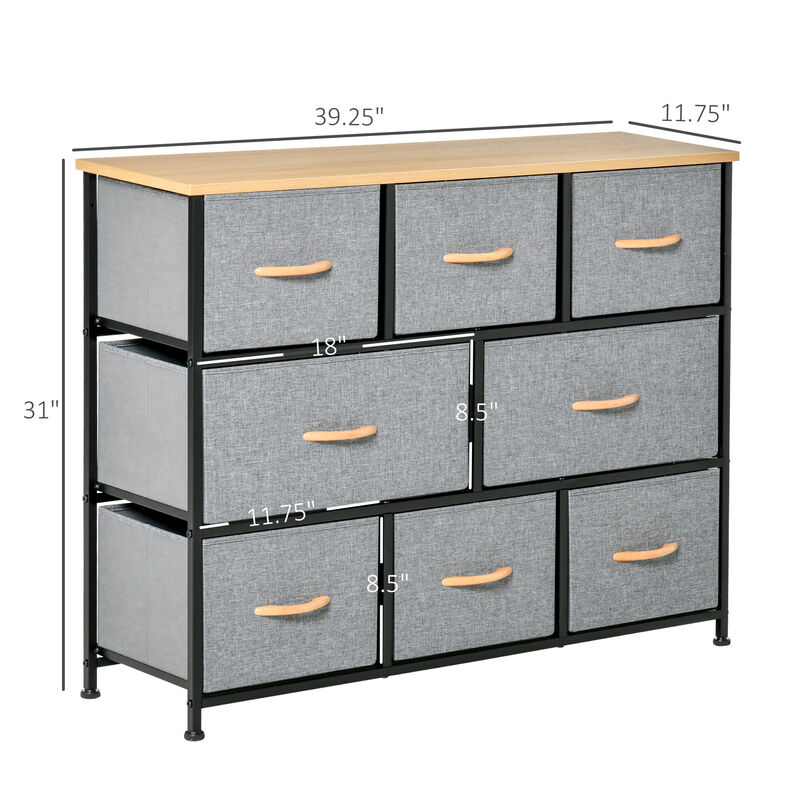 HOMCOM 8-Drawer Dresser, 3-Tier Fabric Chest of Drawers, Storage Tower Organizer Unit with Steel Frame for Bedroom, Hallway, Light Grey