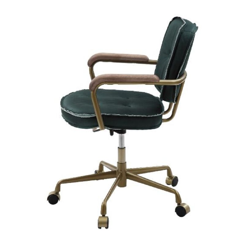 Office Chair with Leather Seat and Button Tufted Back, Green - Benzara