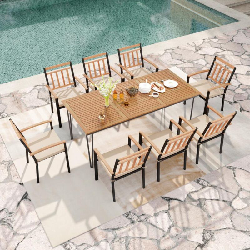Hivvago 9-Piece Patio Dining Set 35.5 Inch Acacia Wood Table with Umbrella Hole and 24-Inch Wide Chairs