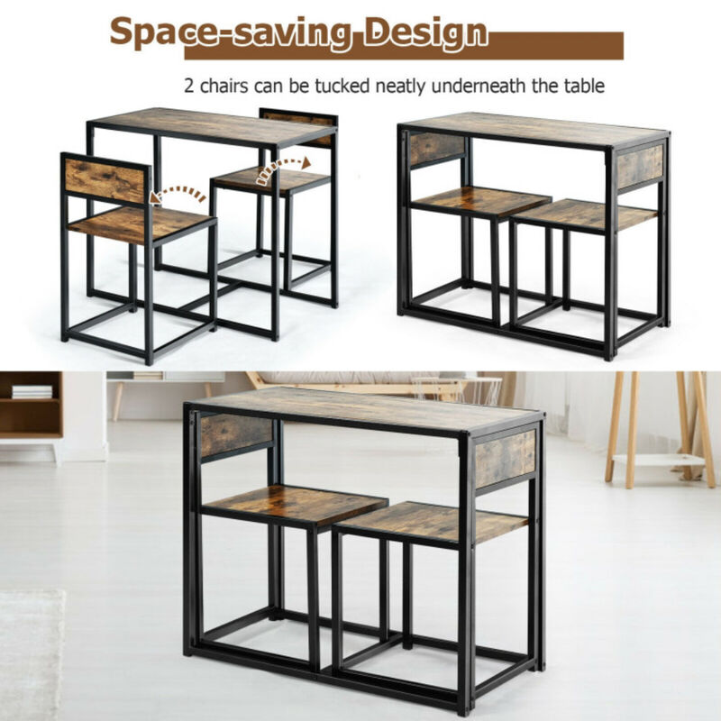 3 Pcs Dining Set Compact Table and 2 Chair with Metal Frame for for Small Space image number 5
