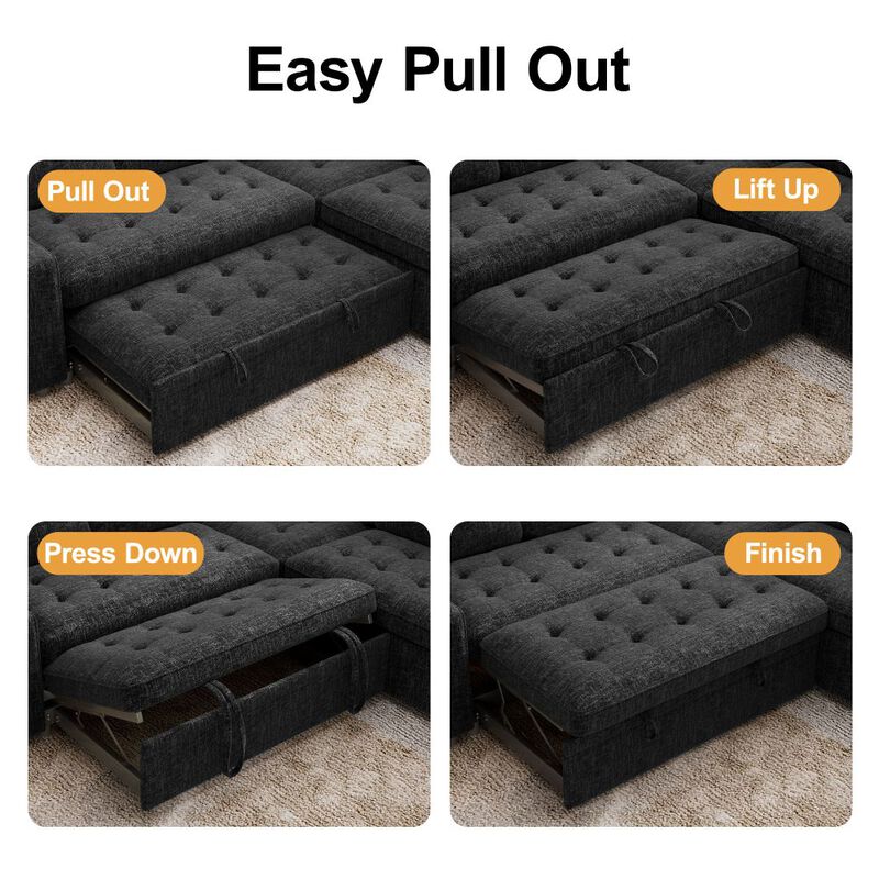 102" L-Shaped Chenille Modular Sectional Sleeper Sofa with Pullout Bed, Reclining Backrest, USB image number 6