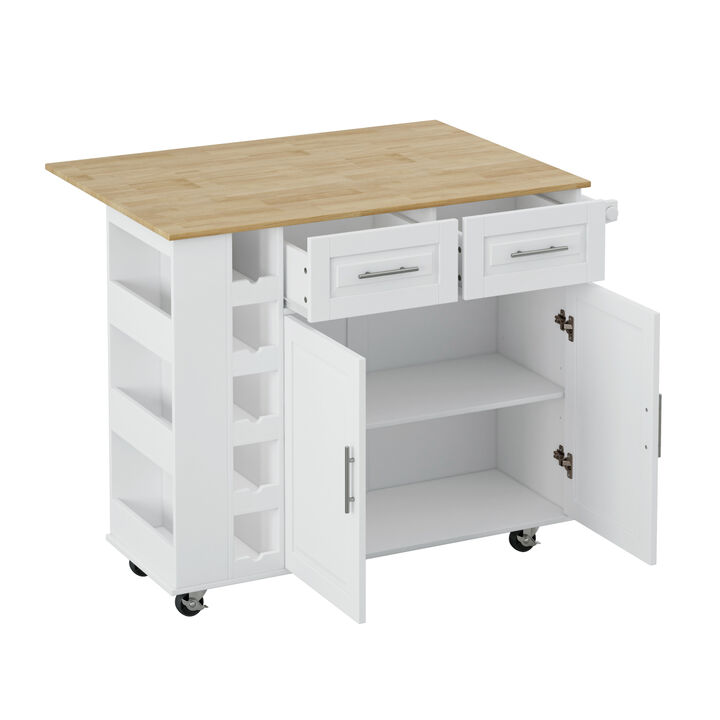 Multi Functional Kitchen Island Cart with 2 Door Cabinet and Two Drawers, Spice Rack, Towel Holder, Wine Rack, and Foldable Rubberwood Table Top (White)