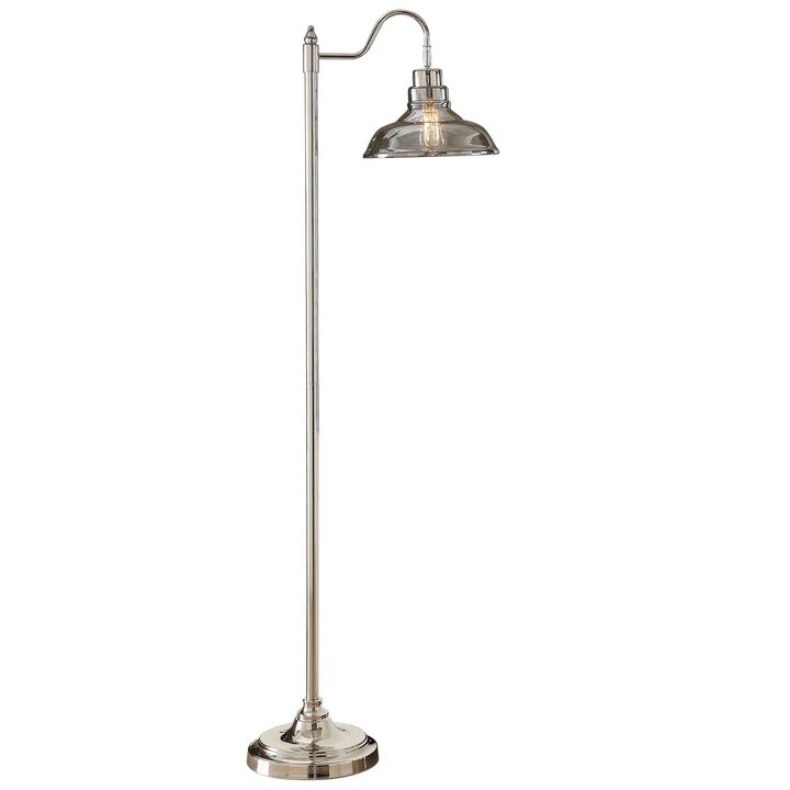 62 Inch Floor Lamp, Classic Style Dome Glass Shade, Silver Metal Base-Benzara