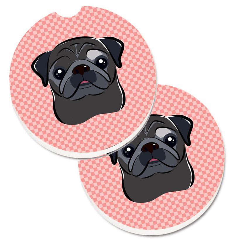 Caroline's Treasures Checkerboard Pink black Pug Set of 2 Cup Holder Car Coasters BB1263CARC, 2.56, Multicolor