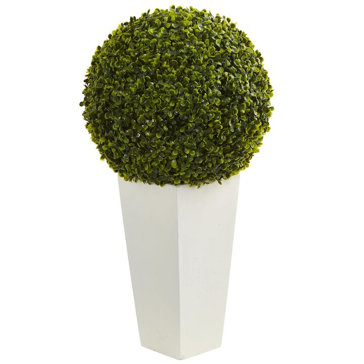 HomPlanti 28" Boxwood Topiary Ball Artificial Plant in White Tower Planter (Indoor/Outdoor)