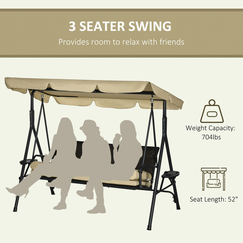Outsunny 3-Seat Patio Swing Chair, Outdoor Canopy Swing Glider with Removable Cushion, Pillows, Adjustable Shade, and Rattan Seat, for Porch, Garden, Poolside, Backyard