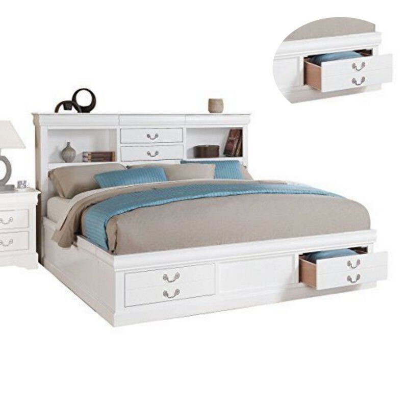 Luxurious And Stylish Queen Size Bed With Storage, White-Benzara