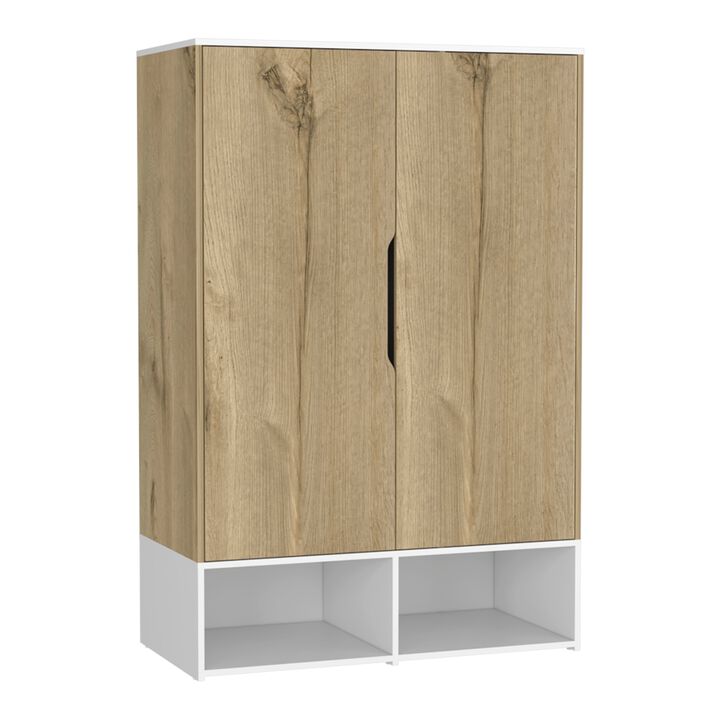 Rosie Armoire, Two Open Shelves, Double Door, Five Shelves, Hanging Rod -Light Oak / White