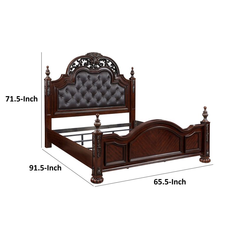 Amio Queen Bed, Button Tufted Faux Leather Headboard, Cherry Brown Wood