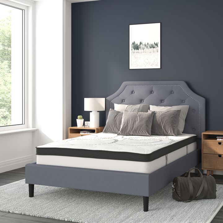 Brighton Full Size Tufted Upholstered Platform Bed in Light Gray Fabric with 10 Inch CertiPUR-US Certified Pocket Spring Mattress