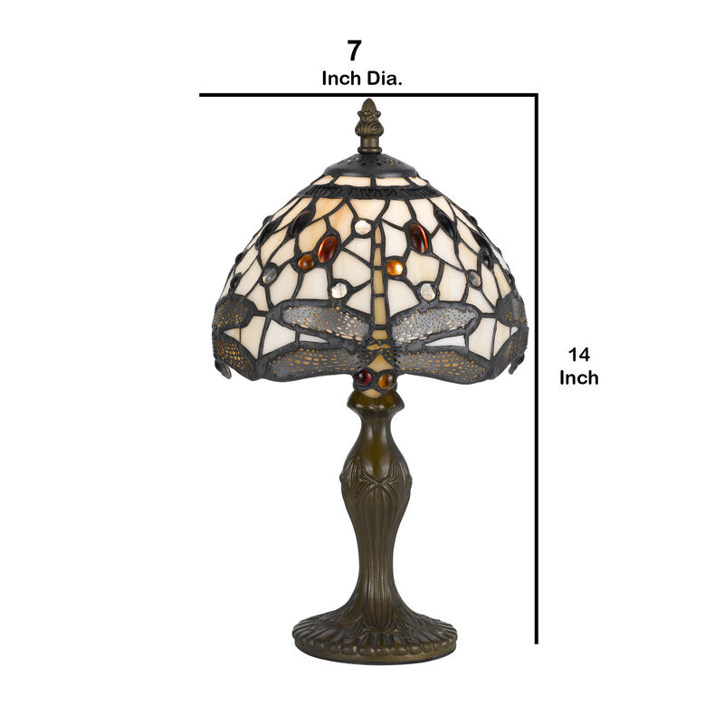 Metal Body Tiffany Table Lamp with Dragonfly Design Shade, Multicolor image number 4
