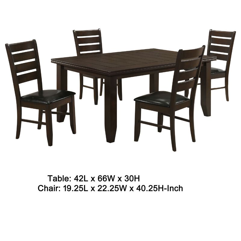 Diyi 5pc Dining Table and 4 Chairs Set w Ladder Back, Brown Faux Leather - Benzara