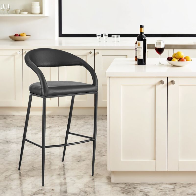 HomeRoots 30" Black Faux Leather and Iron Low Back Bar Height Bar Chair