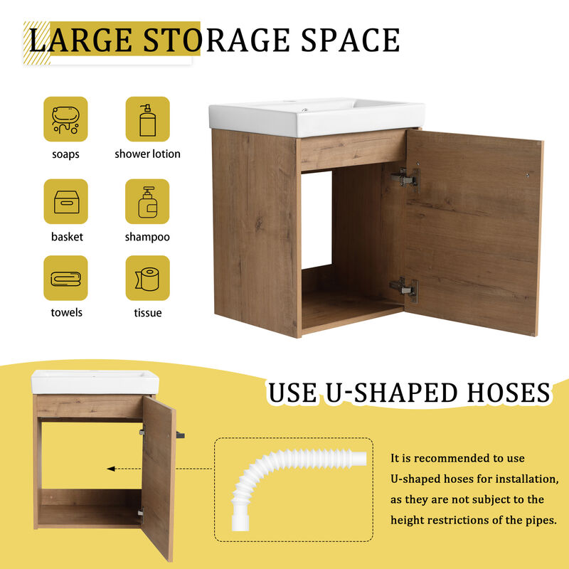 ELEMENT ACE Compact Floating Wall-Mounted Bathroom Vanity with Integrated Ceramic Sink and Soft-Close Cabinet Storage image number 9