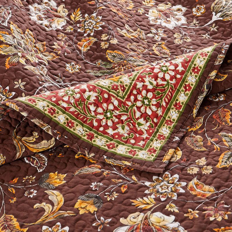 Dill Quilt Set, Bohemian, Jacobean Floral Print, Brown, Orange-Benzara