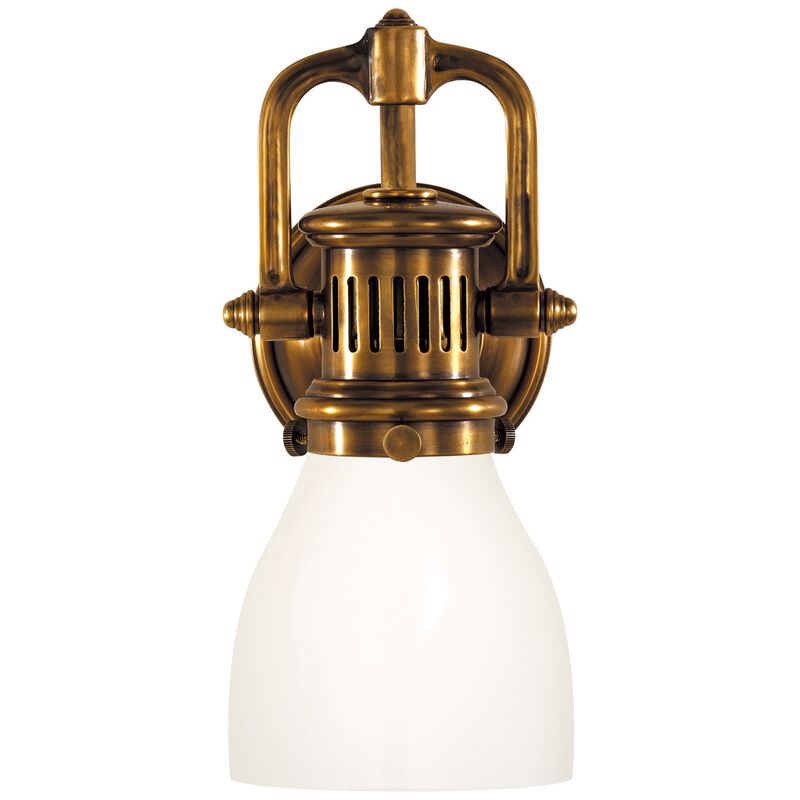 Yoke Suspended Sconce in Antique Brass with White Glass