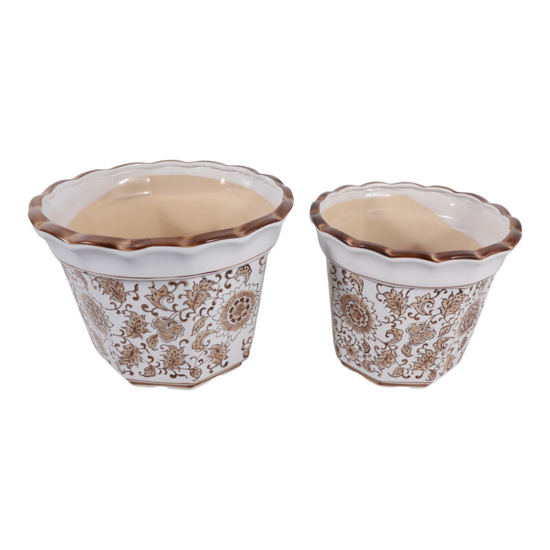 S/2 10/12" Flower Chinoiserie Planters,brown image number 4
