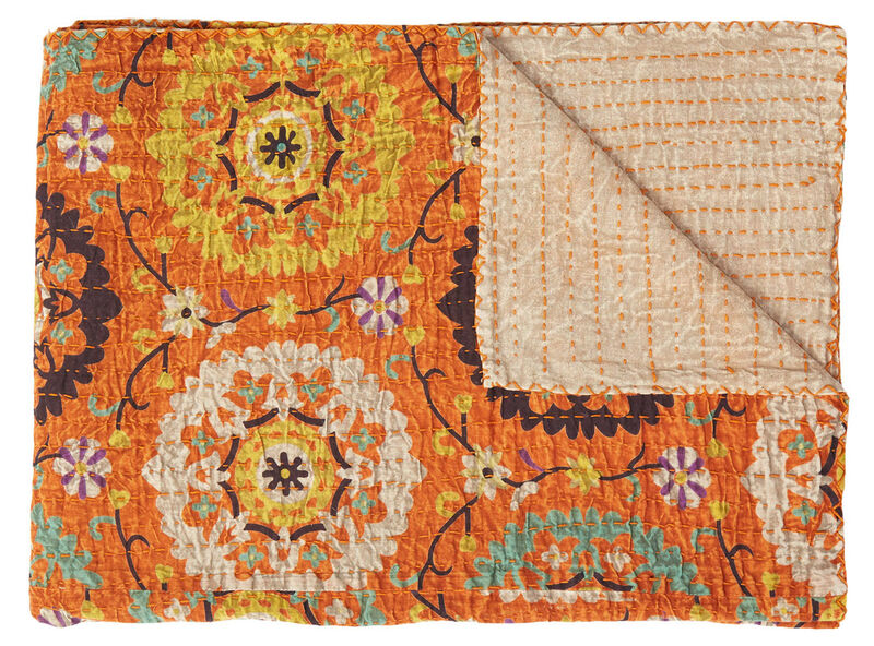 HomeRoots 50" X 70" Orange And Yellow Floral Cotton Quilted Kantha Throw Blanket with Embroidery image number 0