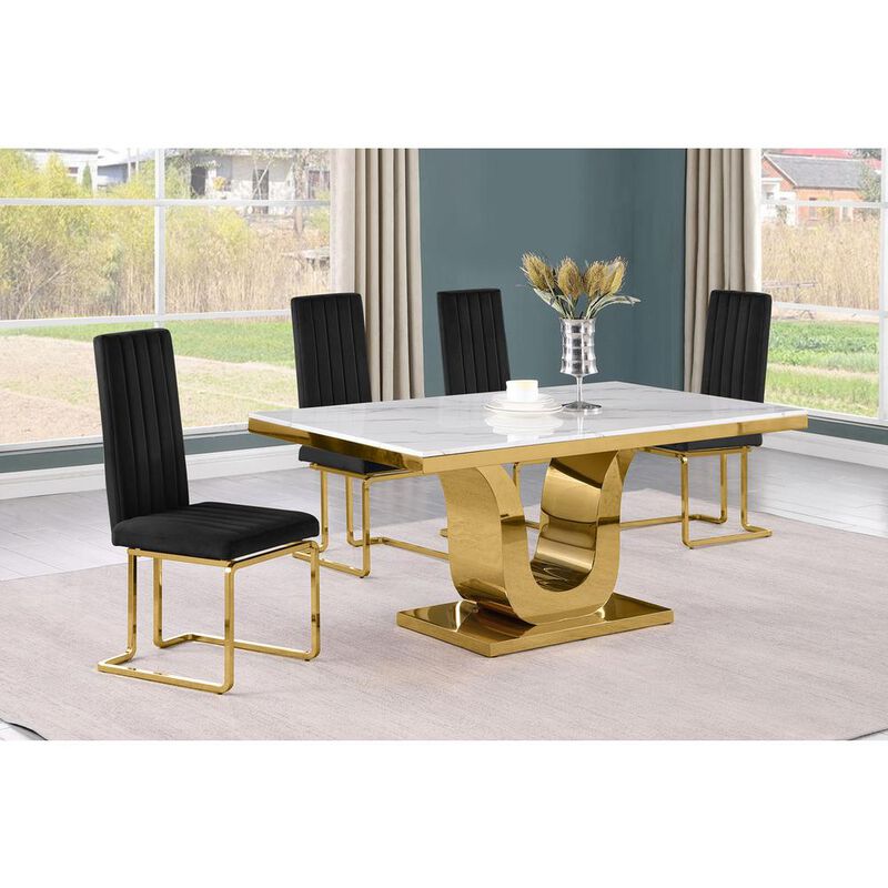 5pc Small(66") marble top dining set with gold base and 4 Black side chairs