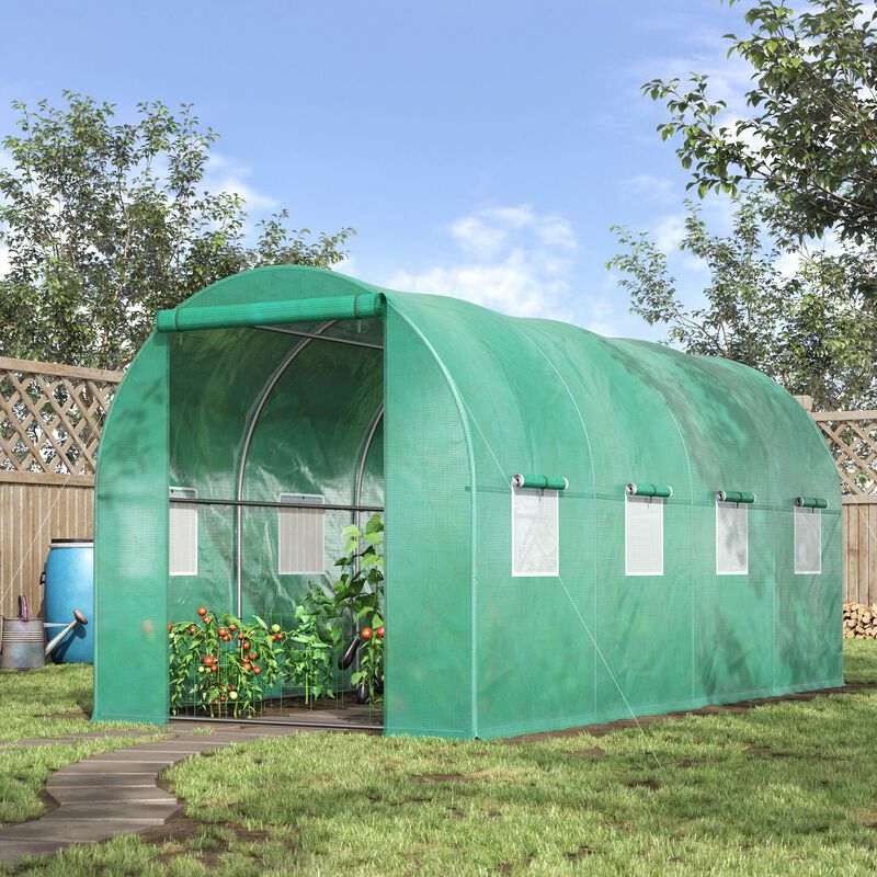 Outsunny 15' x 7' x 6.5' Walk-in Tunnel Hoop Greenhouse, Polyethylene PE Cover, Steel Frame, Roll-Up Zipper Door & Windows for Flowers, Vegetables, Tropical Plants, Green