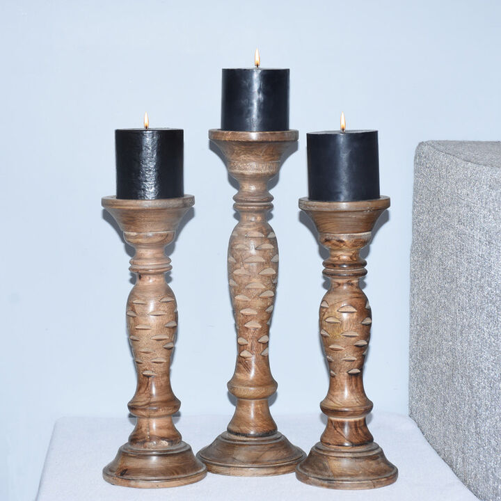 Traditional Medium Burnt Eco-friendly Handmade Mango Wood Set Of Three 12",15" & 12" Pillar Candle Holder