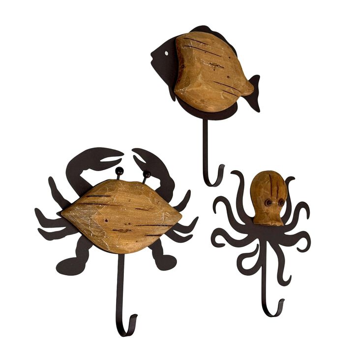 Set Of 3 Nautical Wood And Metal Decorative Wall Hooks Fish Crab Octopus