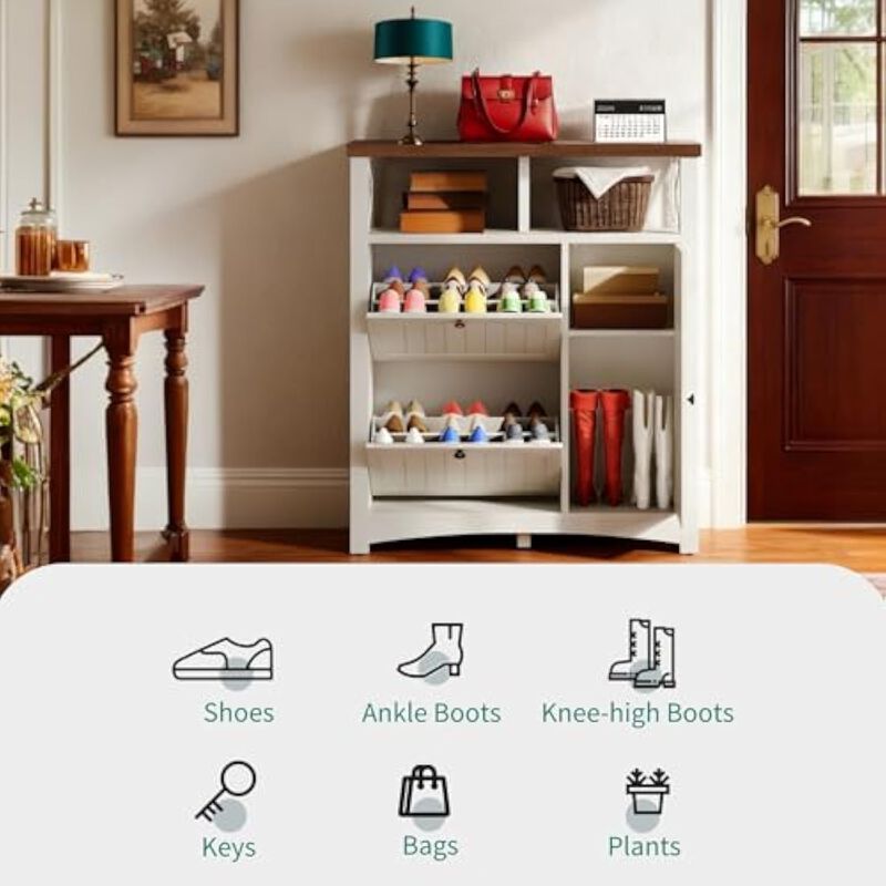 Entryway Wood Shoe Storage Cabinet Flip Drawer Adjustable Shelves White image number 3