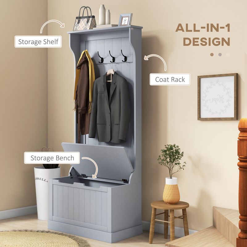 Entryway Hall Tree with Coat Rack and Sitting Bench, Mudroom Bench with Storage, and Hooks, Gray