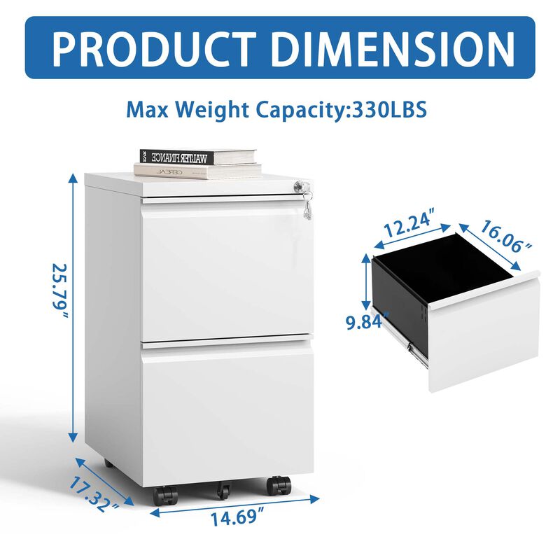 2 Drawer Metal Mobile File Cabinet, Rolling File Cabinet with Lock for Hanging Legal/Letter/A4 Size,Fully Assembled Except Wheels image number 2