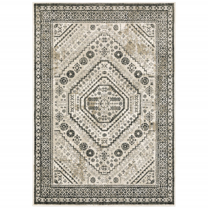4 X 6 Ivory grey Black And Ivory Oriental Power Loom Stain Resistant Area Rug