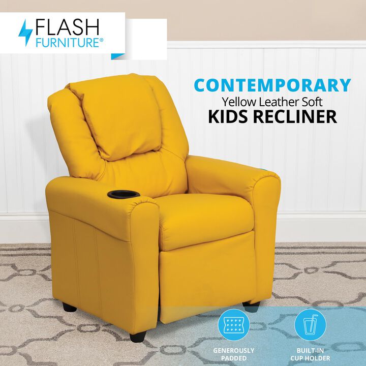 Flash Furniture Vana Vinyl Kids Recliner with Cup Holder, Headrest, and Safety Recline, Contemporary Reclining Chair for Kids, Supports up to 90 lbs., Yellow